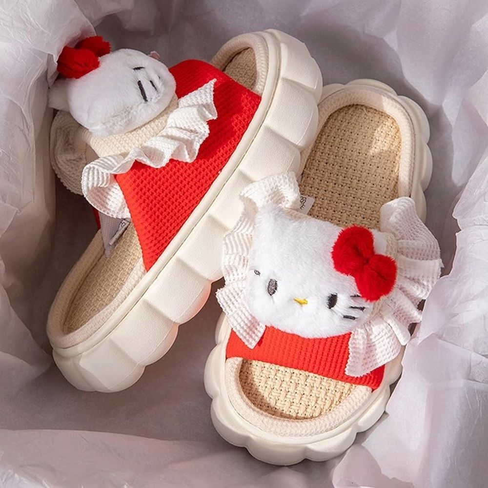 Hello Kitty Cotton Plush Slippers Womens Sz 8/9 Ivory Red Cozy Loungewear Kawaii